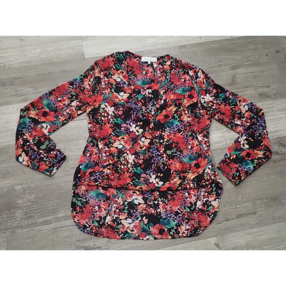 WAYF Floral Print Low High Front Wrap 100% Polyester Long Sleeved Blouse - Picture 4 of 9